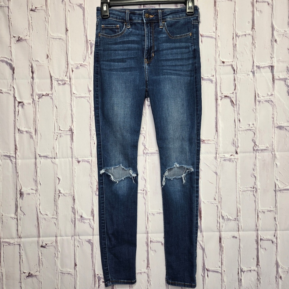 Hollister High-Rise Super Skinny Distressed Jeans Medium Dark Wash 1S W25 L28